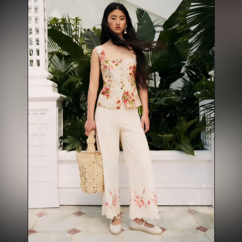Sezane Cilio Trousers - Sézane X Andion Cream With Pink Floral Embroidery
